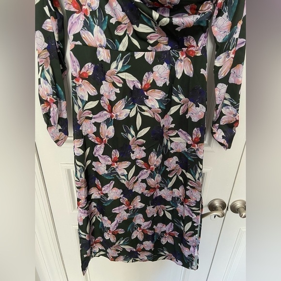 NWT Alexia Admor Satin Draped Mockneck Black Floral Formal Longsleeve Midi Dress - Picture 7 of 16